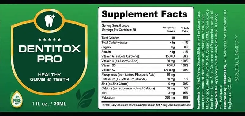 Dentitox Pro Supplement Facts
